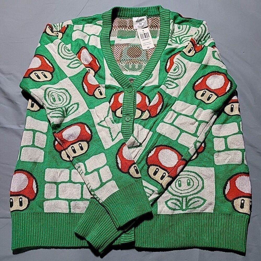 Nintendo Super Mario Bros. Toad Mushroom Checkered Cardigan Size SM